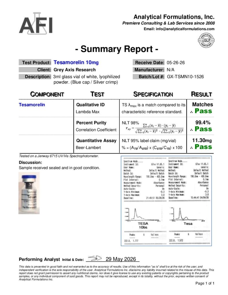 Tesamorelin 10mg (COA Date: 5/26/26 – GX-TSMN10-1526)