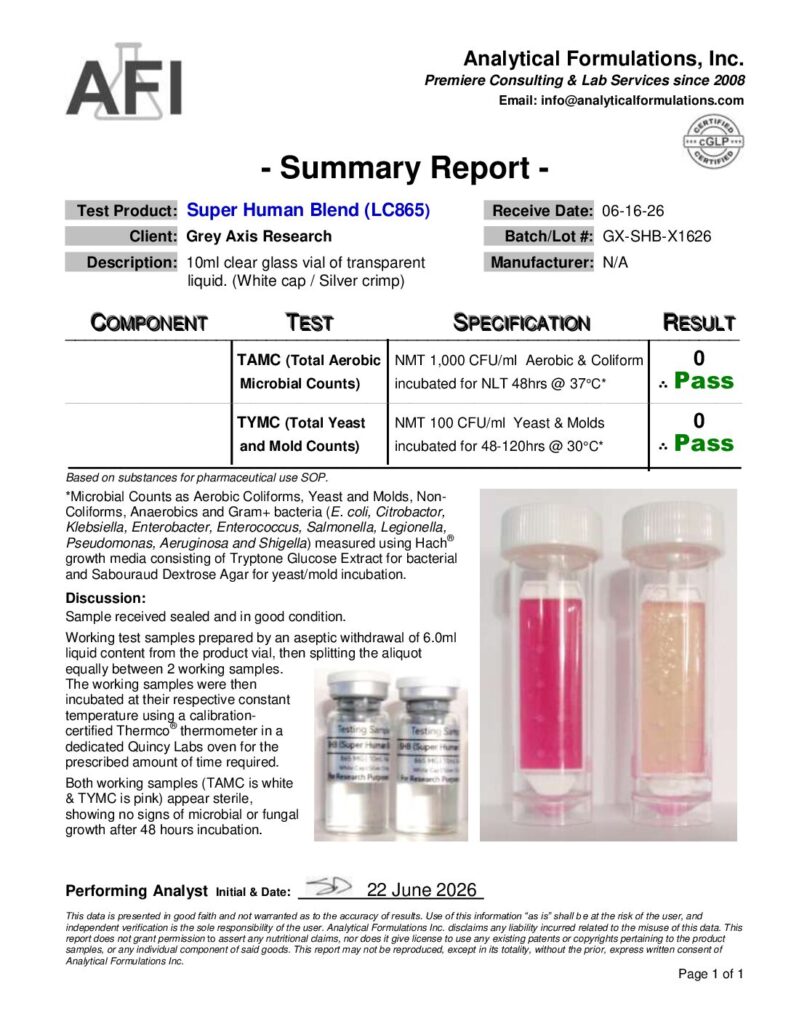 Super Human Blend (LC865) (GX-SHB-X1626) Sterility Test