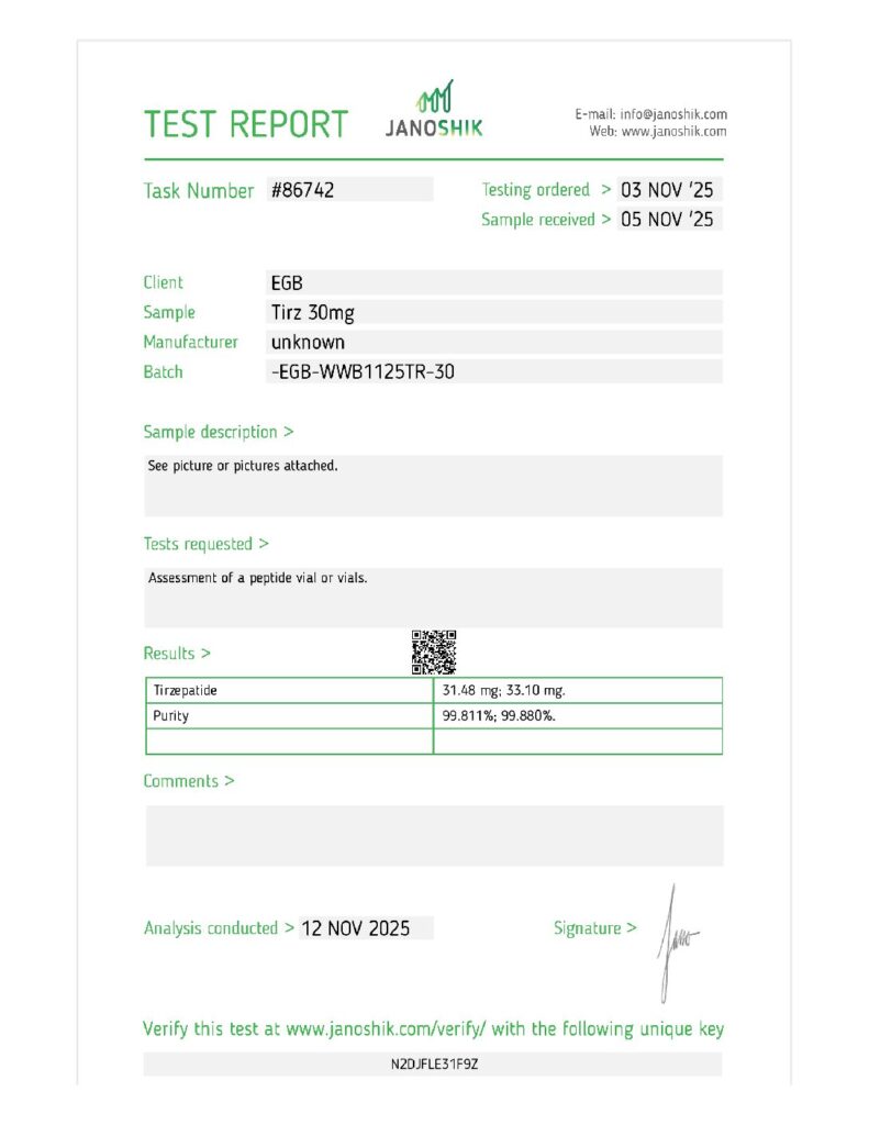 GLP-1 T 30mg (GLP-1 + GIP Dual Agonist) MFG COA – 11/25, Clear Green / Purple